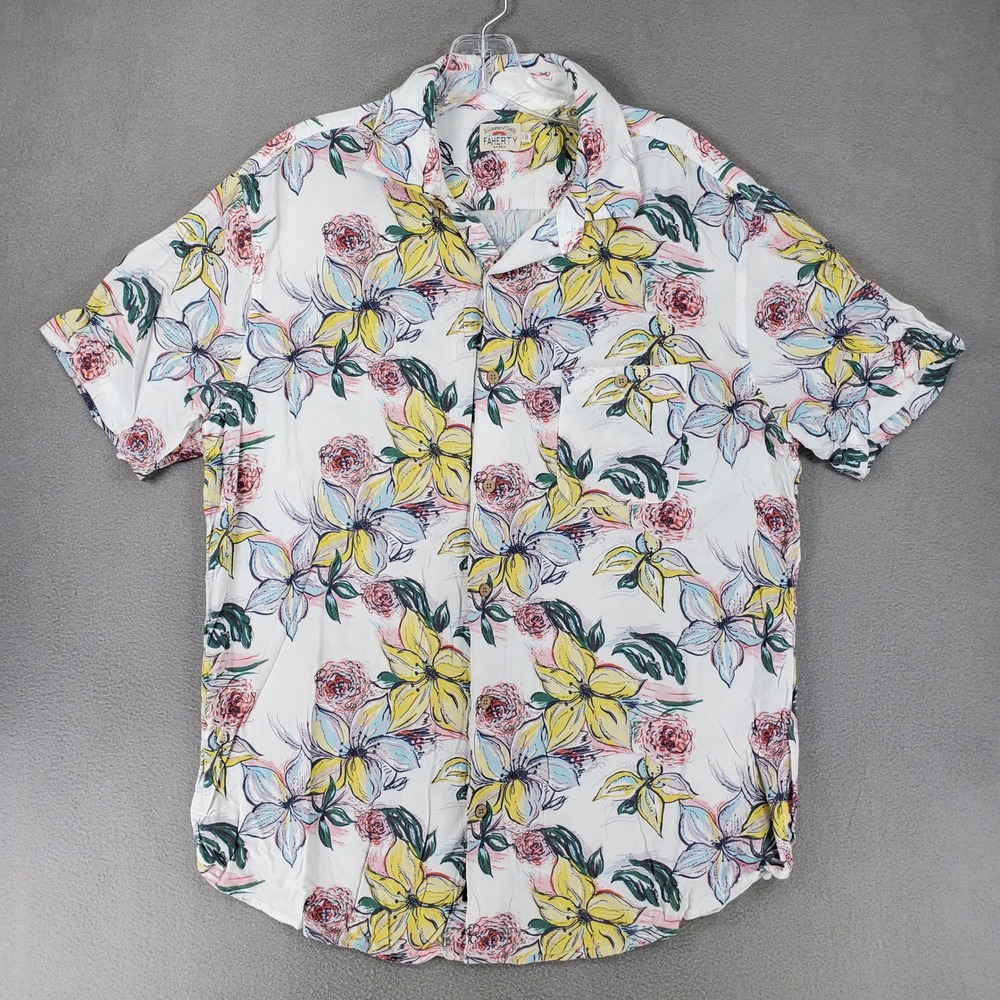 Faherty Button Front Shirt Mens L White Floral Rayon Short Sleeve Tropical Aloha